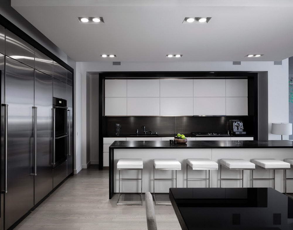белая кухня с чёрной столешницей минимализм