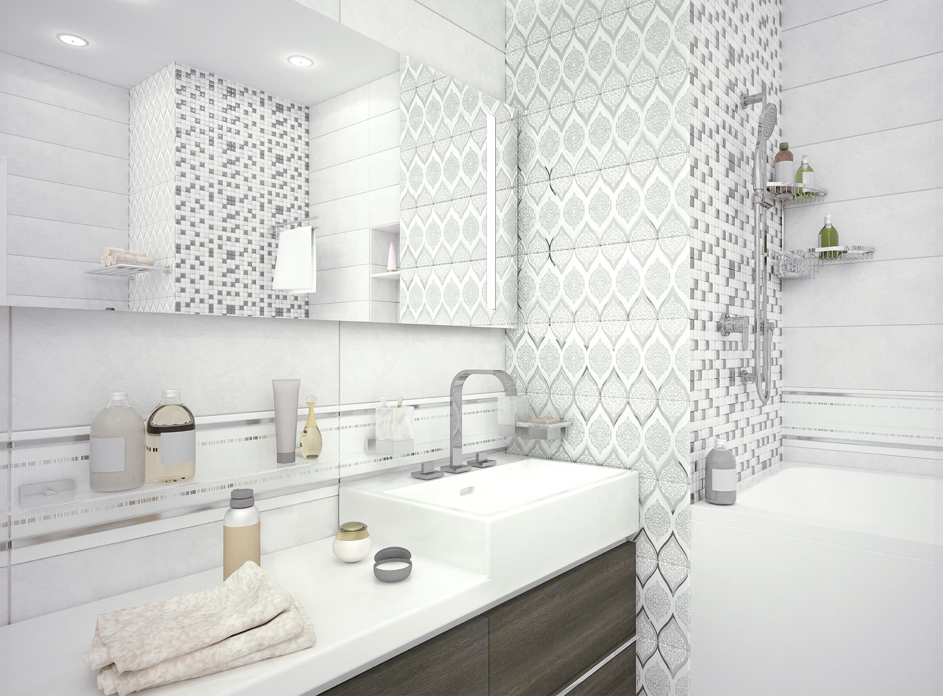 белая ванная комната с мозаикой